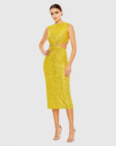 Yellow Sequin Front Twist Cut Out Sheath Dress